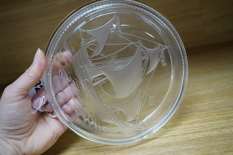 A modern Lalique ashtray decorated with a ship, signed to the base, 17cm in diameter. Condition - good